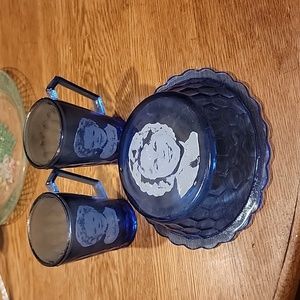 Vintage Shirley Temple Blue Glass Bowl and Two Cups